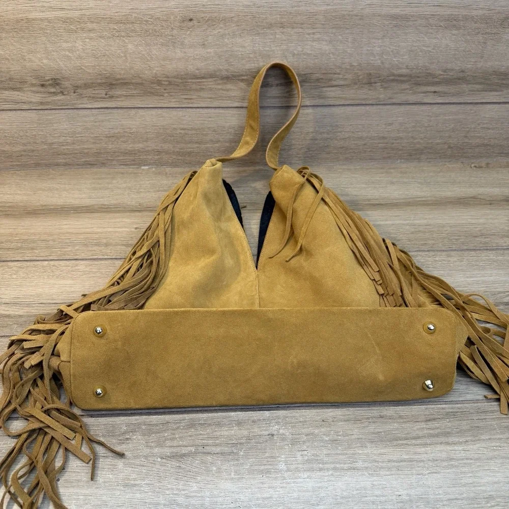 Divina Firenze Suede Fringe Hobo Bag Italian Leather Slouchy Boho Tote Tan